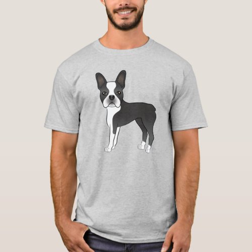 Black And White Boston Terrier Dog Illustration T_Shirt
