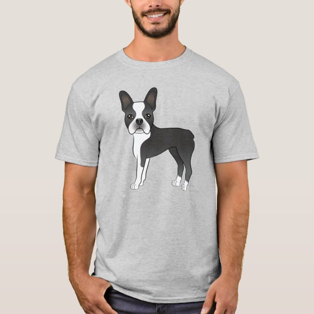 Black And White Boston Terrier Dog Illustration T-Shirt (Front)
