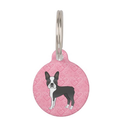 Black And White Boston Terrier Dog On Pink Hearts Pet ID Tag