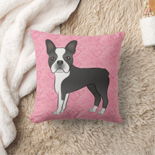 Black And White Boston Terrier Dog On Pink Hearts Throw Pillow