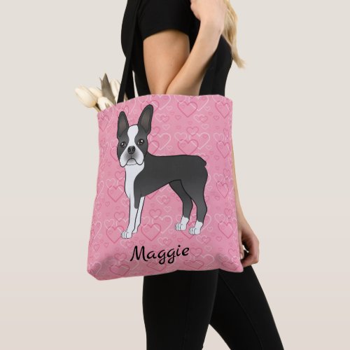 Black And White Boston Terrier Dog On Pink Hearts Tote Bag