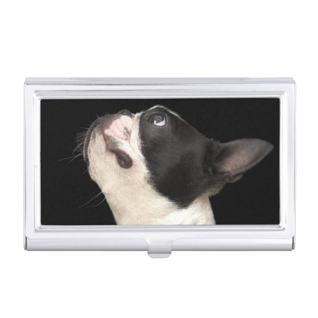 Black and white Boston Terrier looking up Business Card Case (Front)