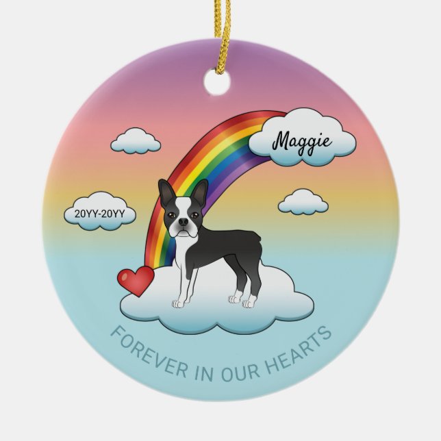 Black And White Boston Terrier Rainbow Memorial Ceramic Ornament (Front)