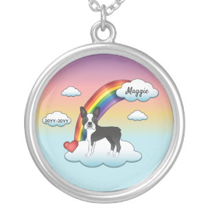 Black And White Boston Terrier Rainbow Memorial Silver Plated Necklace