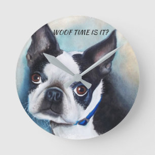 BLACK AND WHITE BOSTON TERRIER ROUND CLOCK