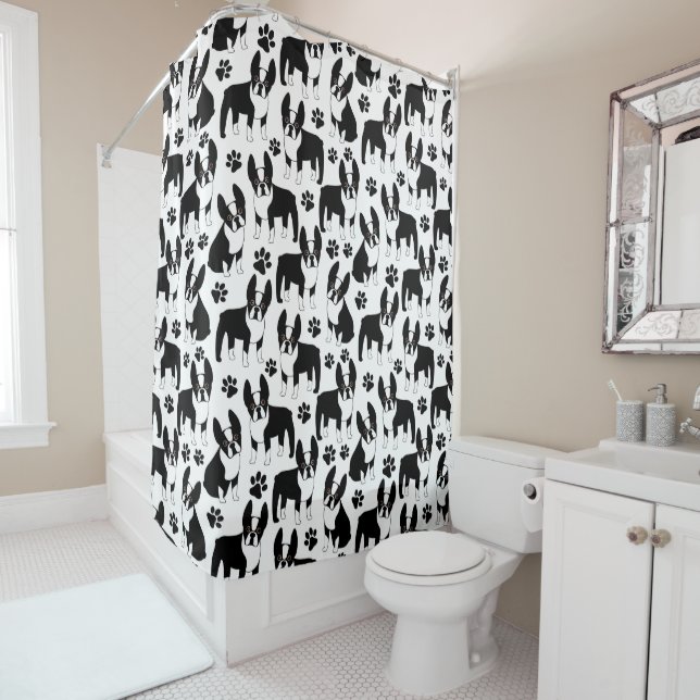 Black and White Boston Terrier Shower Curtain (In Situ)