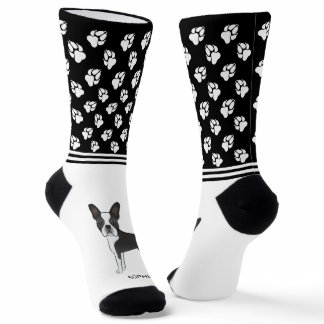Black And White Boston Terrier With Name And Paws Socks