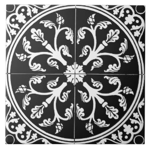 Black and White Botanical Abstract Circle Vintage Ceramic Tile