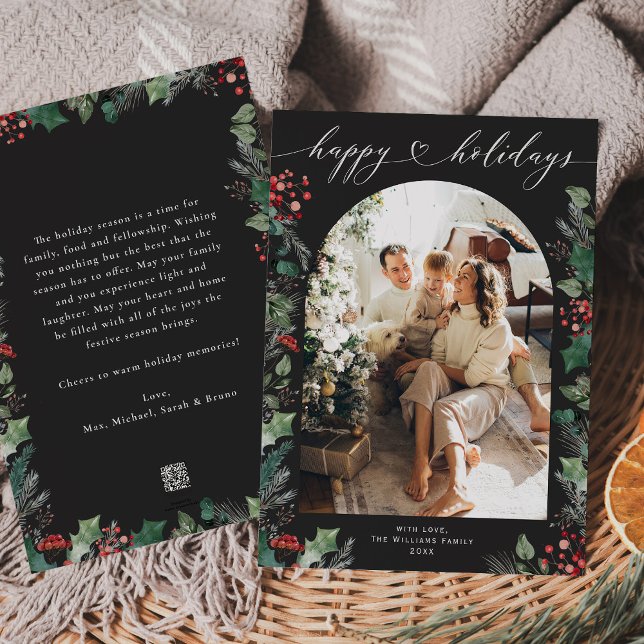 Black and White Botanical Berries Photo  Holiday Card (Creator Uploaded)