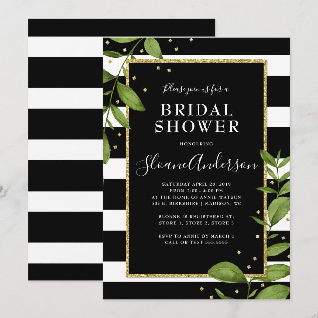 Black and White Botanical Bling Bridal Shower Invitation (Front/Back)