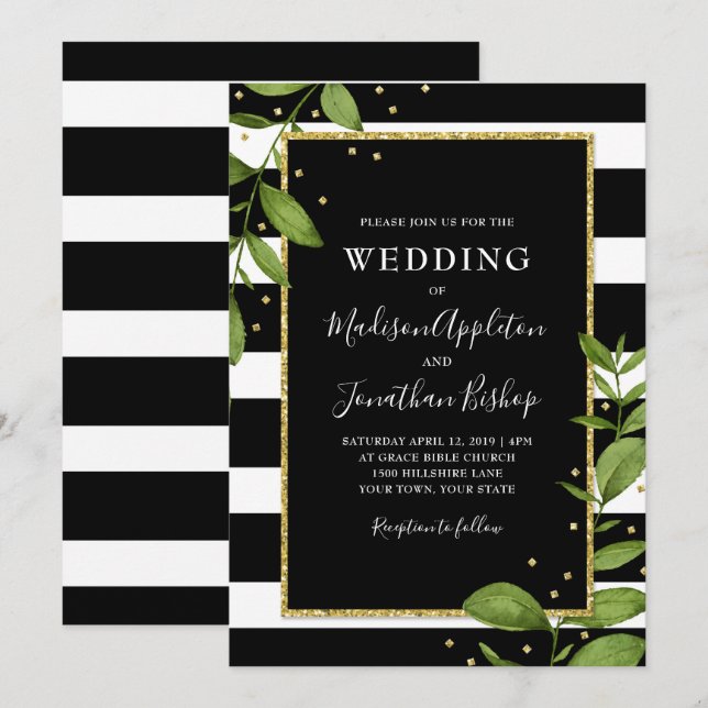 Black and White Botanical Bling Wedding Invitation (Front/Back)