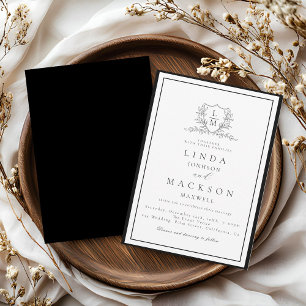 Black and white botanical crest monogram wedding invitation