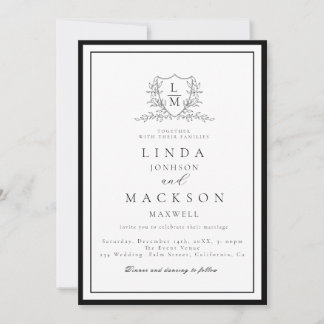 Black and white botanical crest monogram wedding invitation