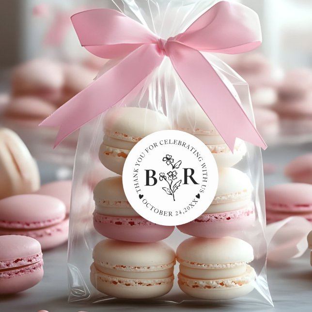 black and white  Botanical Custom  Monogram  Classic Round Sticker (Creator Uploaded)