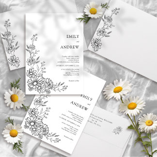 Black and White Botanical Daisy Garden Wedding Invitation
