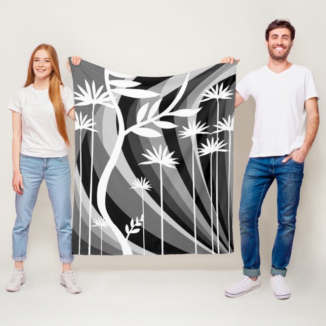 Black and White Botanical Design Fleece Blanket (In Situ)