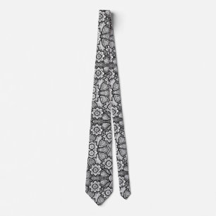 Black and White Botanical Flower and Leaf Garden Neck Tie