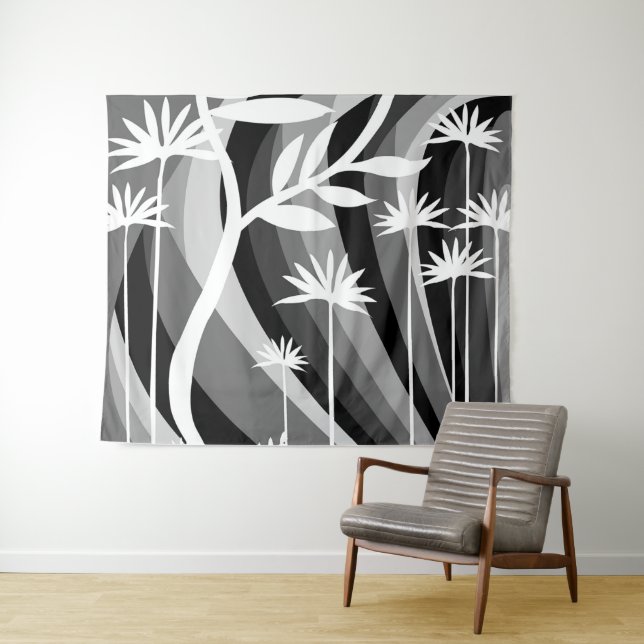 Black and White Botanical Illustration Tapestry (In Situ (Horizontal))