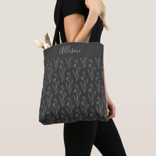 Black and White Botanical Line Art Personalized Tote Bag