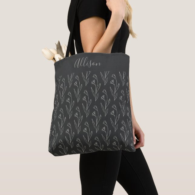 Black and White Botanical Line Art Personalized Tote Bag (Close Up)