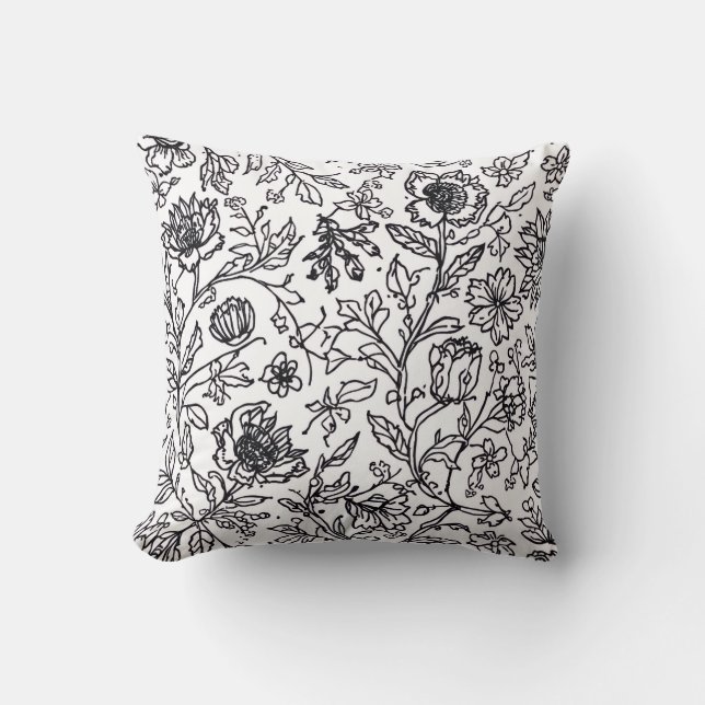 Black and White Botanical Line Art Style Throw Pillow (Front)