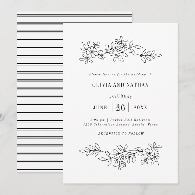 Black and White Botanical Line Drawings | Wedding Invitation (Front/Back)
