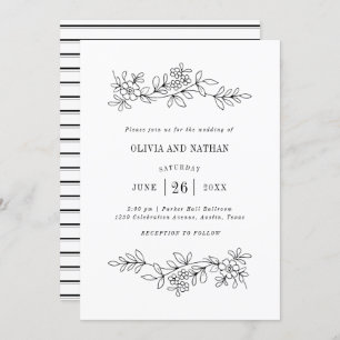 Black and White Botanical Line Drawings Wedding Invitation