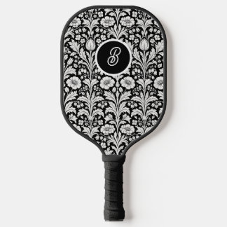 Black and White Botanical Monogram Carbon Fiber Pickleball Paddle