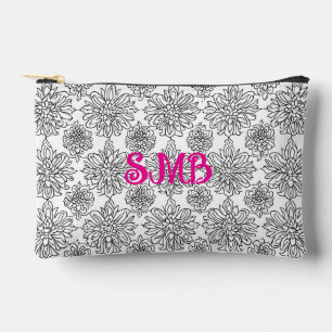 Black and White Botanical Monogram Floral Accessory Pouch