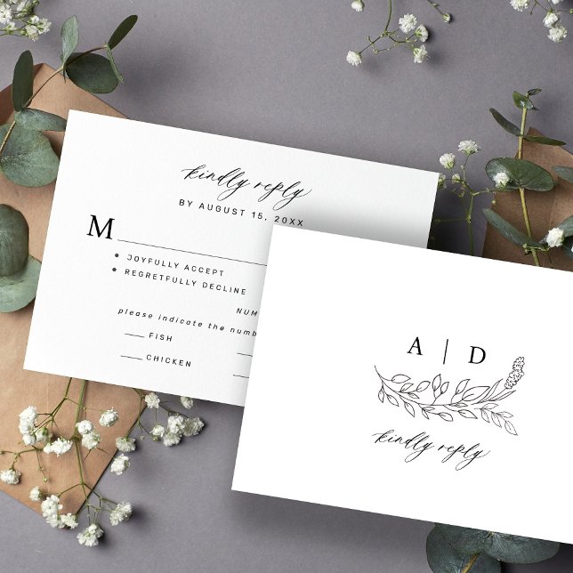 Black and white botanical monogram wedding  RSVP card (Creator Uploaded)