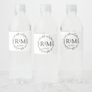  black and white botanical monogram wedding water bottle label