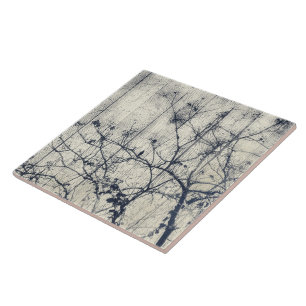 Black and White Botanical Motif Artwork Ceramic Tile