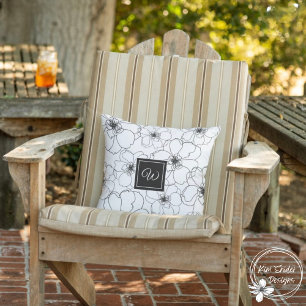 Black and White Botanical With Monogram Outdoor Pillow