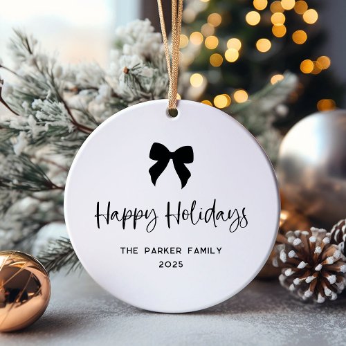 Black and White | Bow and Photo Happy Holidays Ceramic Ornament