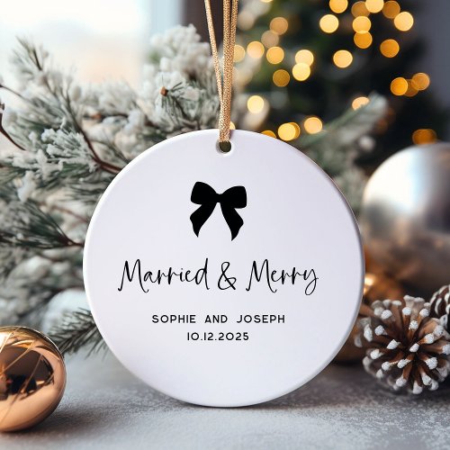 Black and White | Bow and Photo Married and Merry Ceramic Ornament