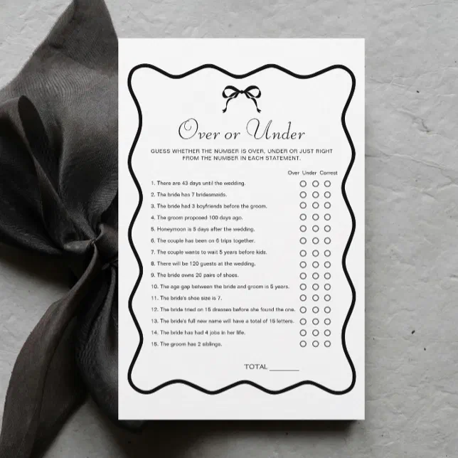 Black and White Bow Bridal Shower Over Under Game | Zazzle