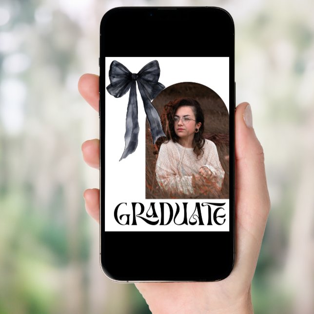 black and white Bow Graduation with Photos Invitation (Front Digital)