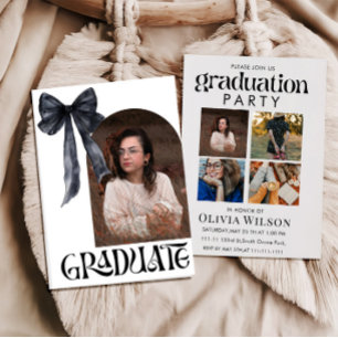 black and white Bow Graduation with Photos Invitation