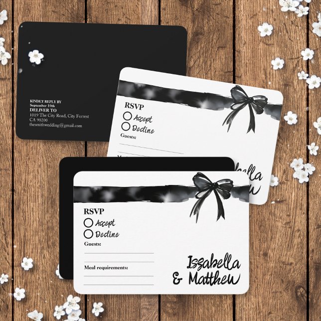 Black and White Bow Minimalist Trendy Wedding RSVP Card ( Black and White Bow Minimalist Trendy Wedding RSVP cards with food allergy tick boxes watercolour)