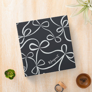 Black and White Bow Pattern Custom Name 3 Ring Binder