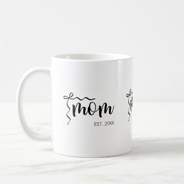 Black and White Bow Script Mom Established Elegant Coffee Mug (Left)