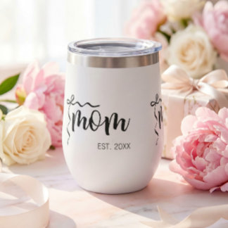 Black and White Bow Script Mom Established Elegant Thermal Wine Tumbler