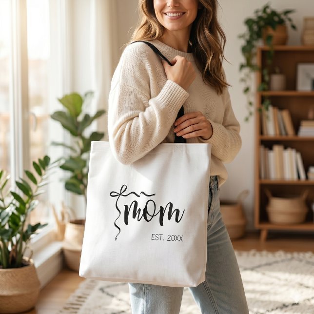 Black and White Bow Script Mom Established Elegant Tote Bag (Creator Uploaded)