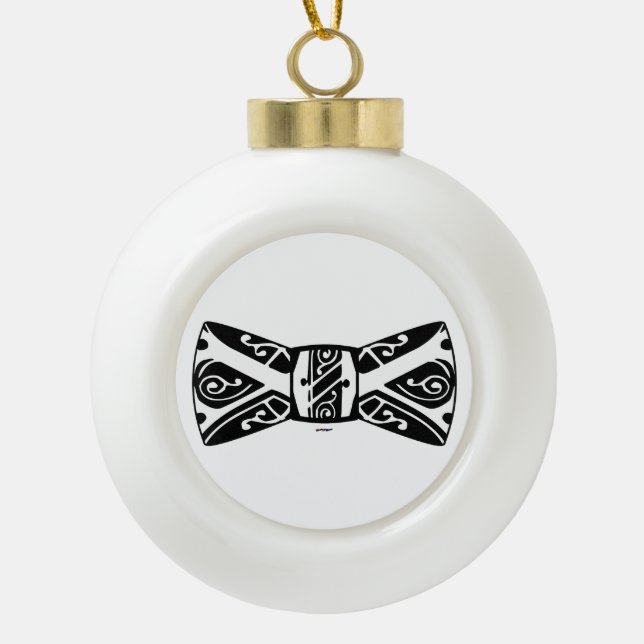 Black and White Bow Tie Ceramic Ball Christmas Ornament (Front)