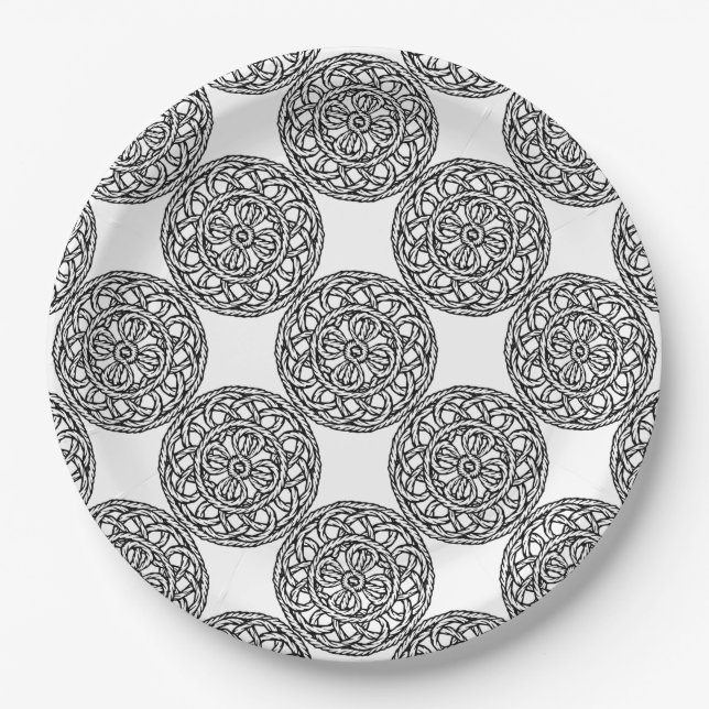 Black and white braided pattern paper plates (Front)