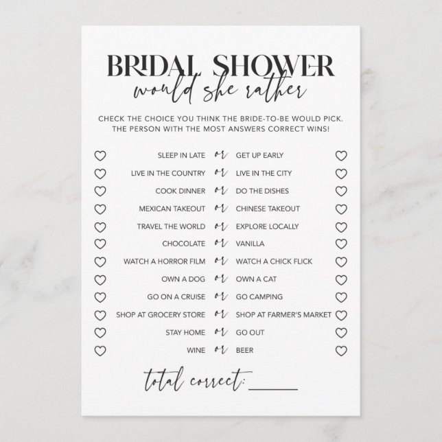 Black and White Bridal Shower Would She Rather (Front)