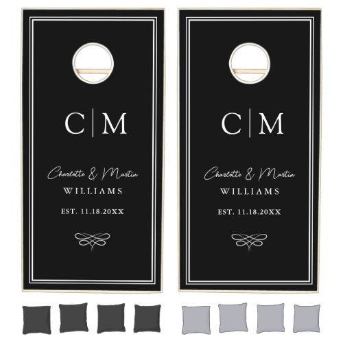 Black and White Bride Groom Monogram Wedding Cornhole Set