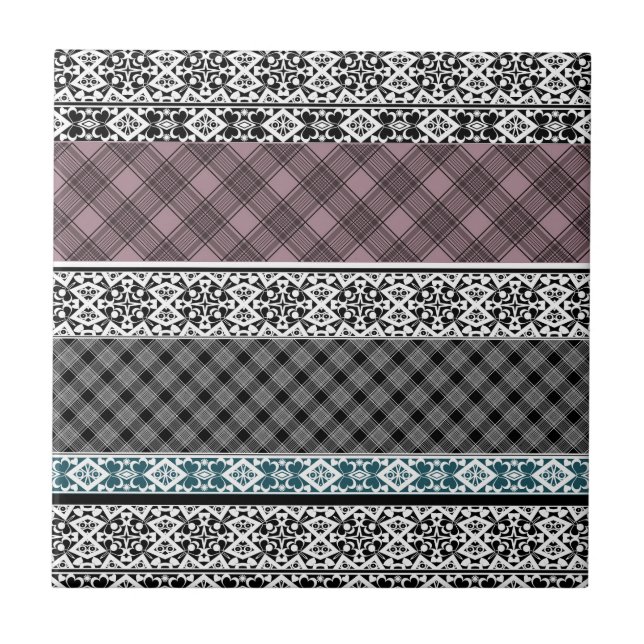 Black and white brown patchwork lace ceramic tile (Front)