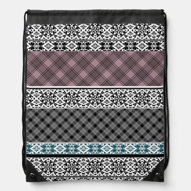 Black and white brown patchwork lace drawstring bag (Front)