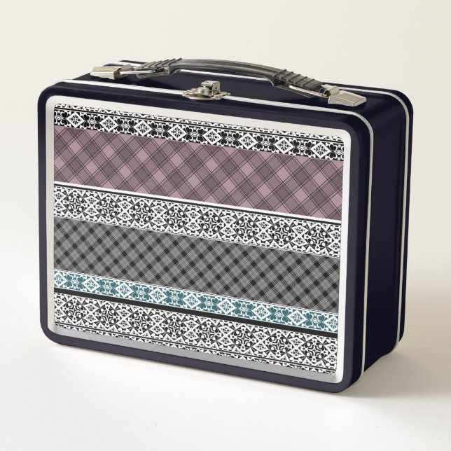 Black and white brown patchwork lace metal lunch box (Front)
